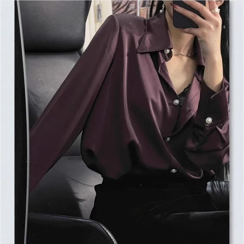 High-grade Sense Light Mature Royal Sister Style Satin Black Shirt Women's Spring 2025 New Elegant Commuter Design Sense Top
