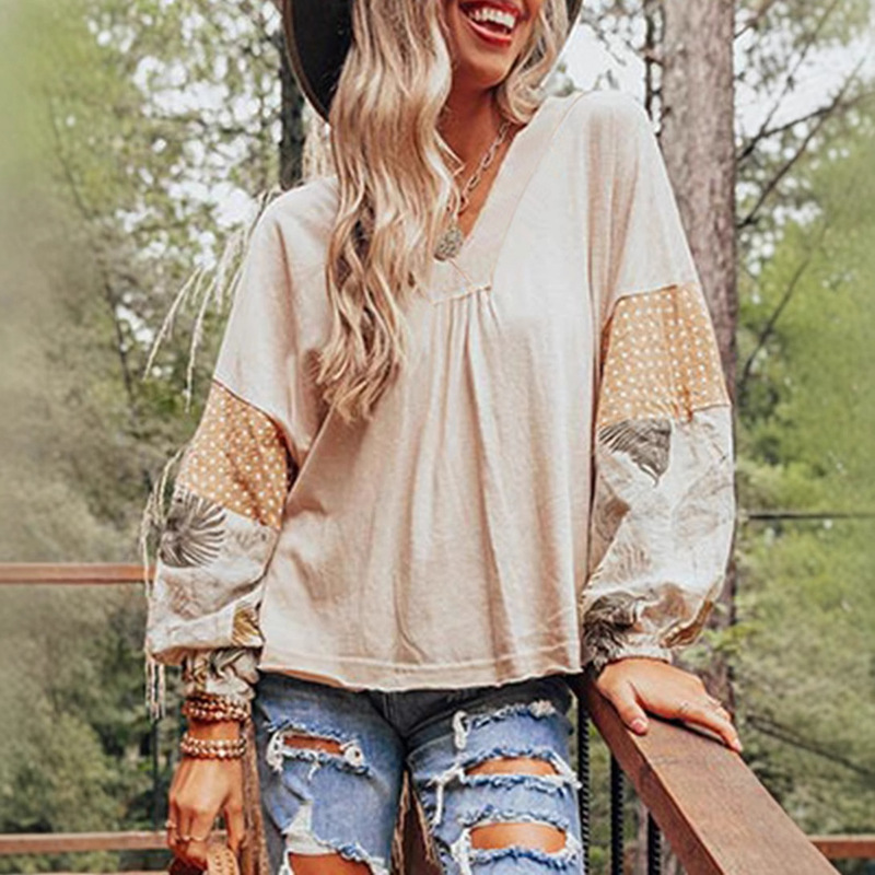 Trendy European and American Loose Patchwork Puff Sleeve Pullover Top for Women, Autumn New Versatile Drop Shoulder V-Neck Sweatshirt for Women Trendy European and American Loose Patchwork Puff Sleeve Pullover Top for Women, Autumn New Versatile Drop Shoulder V-Neck Sweatshirt for Women