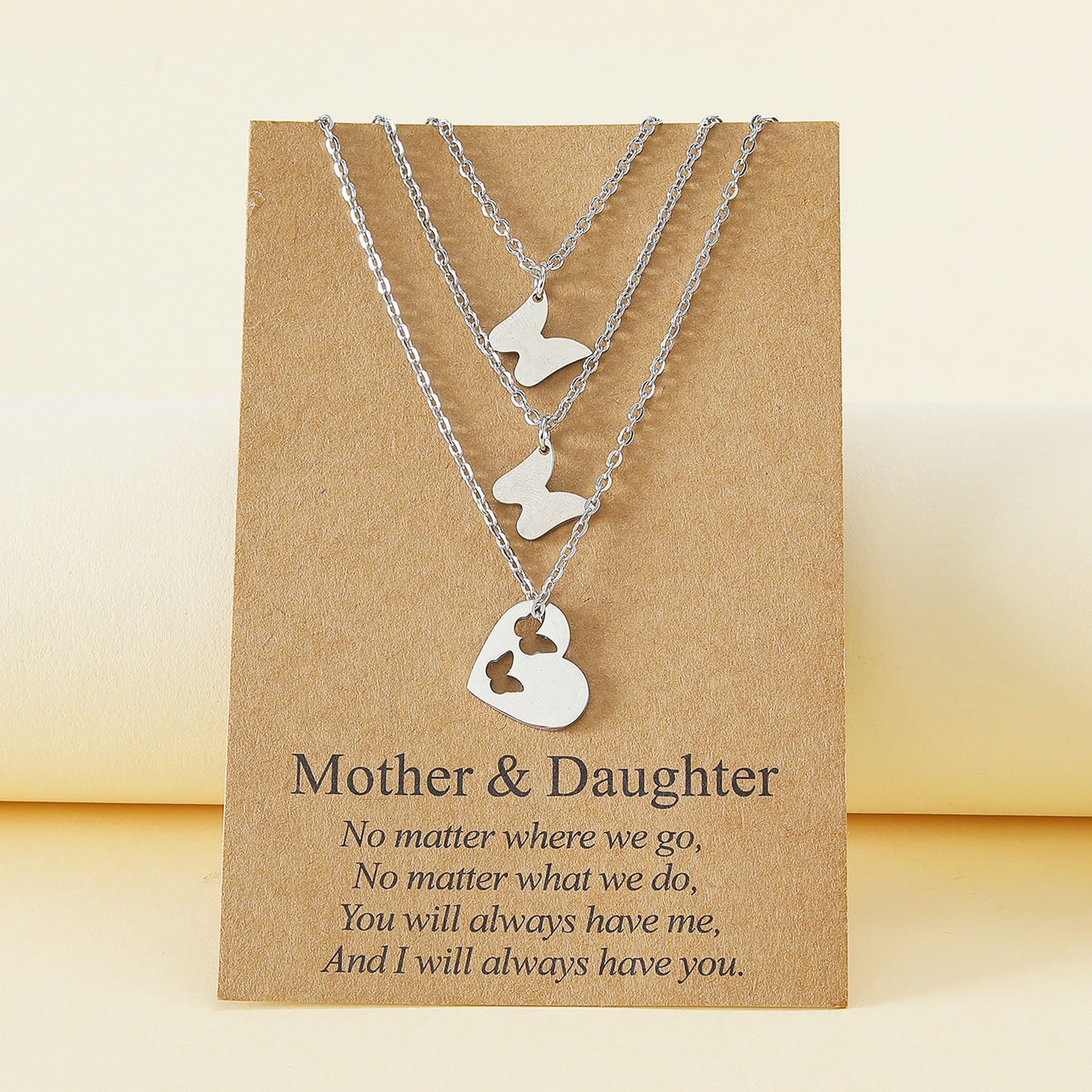 3 Piece Set Quantity Fashion Mama Butterfly Stainless Steel Polishing Hollow Out Pendant Necklace 3 Piece Set