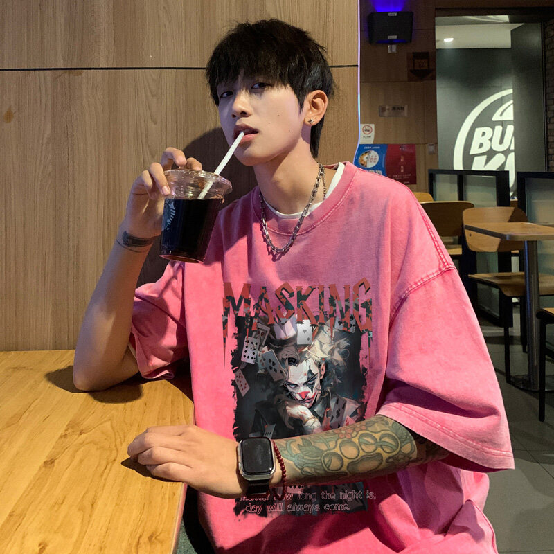 Camiseta de manga corta de algodón de la marca de moda de la calle alta estadounidense para hombres verano retro marea casual lavado viejo media manga guapo camiseta