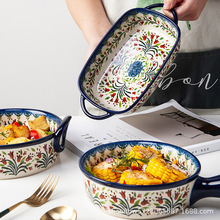 双耳碗汤碗家用陶瓷创意复古餐具沙拉碗长方盘子水果碗烤碗亚马逊