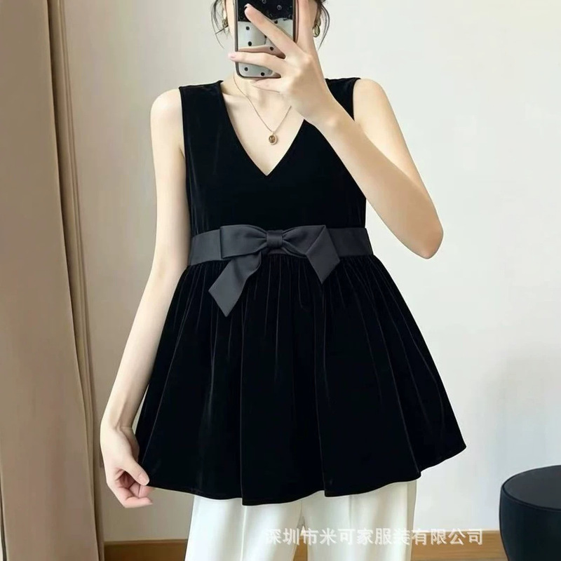 Shenzhen Nanyou 2026 Summer New French-Style Silk Velvet V-Neck Bow A-Line Top Age-Reducing Sleeveless Shirt Shenzhen Nanyou 2026 Summer New French-Style Silk Velvet V-Neck Bow A-Line Top Age-Reducing Sleeveless Shirt