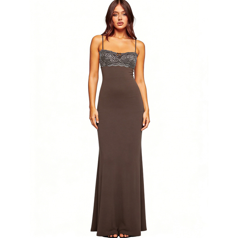 European and American Sexy and Elegant Lace Bustier Patchwork Backless Dress for Women, Retro Fashion Bodycon Long Dress Gown