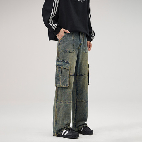 Men's #American High Street Retro Multi-Pocket Patchwork Work Pants Distressed Straight Leg Loose Jeans for Men and Women