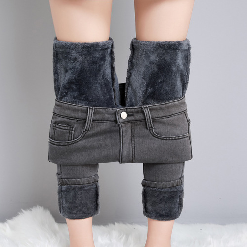 Smoke-gray high-waisted padded thick women's elastic slim fit pants for autumn and winter one-piece velvet pencil pants