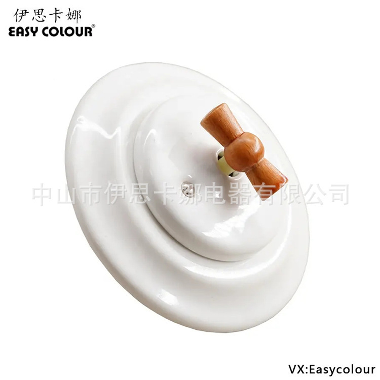 Single Set of Two-Way Safe Retro Retro Ceramic Ceramic Toggle Wall Lamp Switch with Wooden Knob