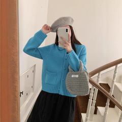 蓝色小香风毛衣外套女25秋新款高级感慵懒宽松韩系短款针织开衫冬