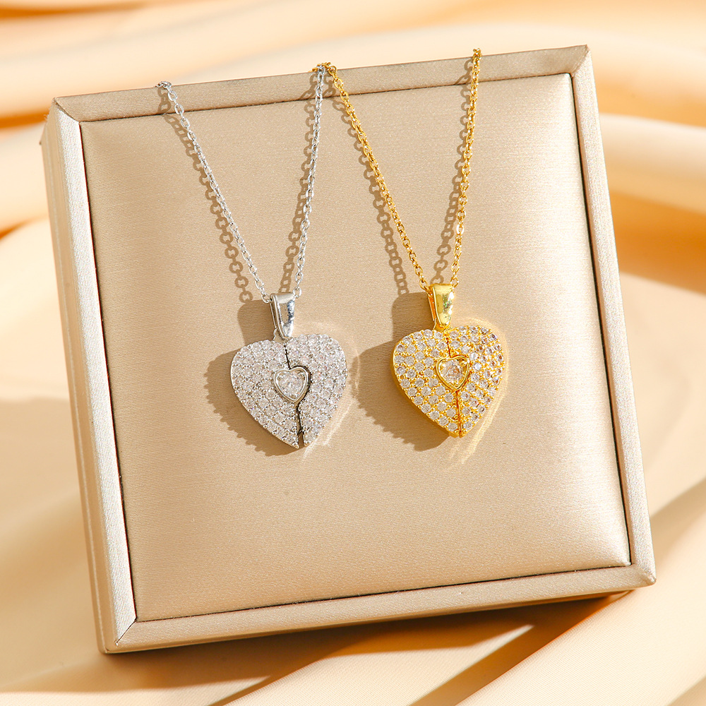 Open Heart Pendant Necklace In Titanium Steel With Full Diamond Inlay_voghion.com
