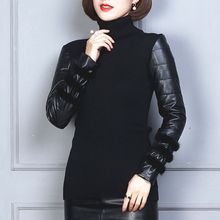 女式高领皮袖打底衫女黑色羽绒袖毛衣袖子加棉毛线衣加厚保暖毛衣