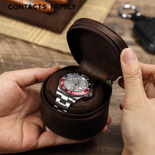 Spot wholesale retro cowhide watch box single round zipper watch box outdoor travel watch storage box