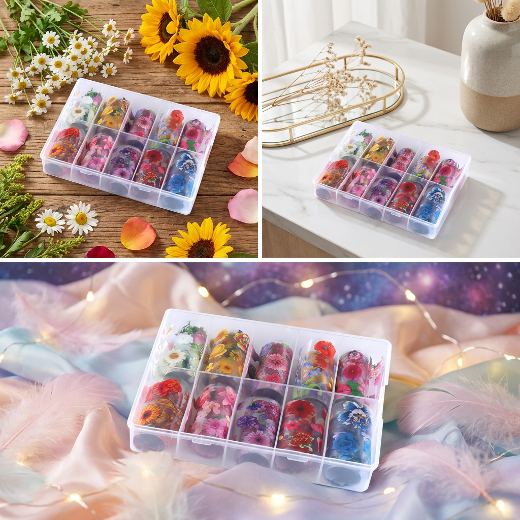 Cross-Border Flower and Fruit Nail Art Starry Sky Paper 4*50cm Box Set of 10 Rolls Mixed Floral Sunflower Starry Sky Transfer Paper