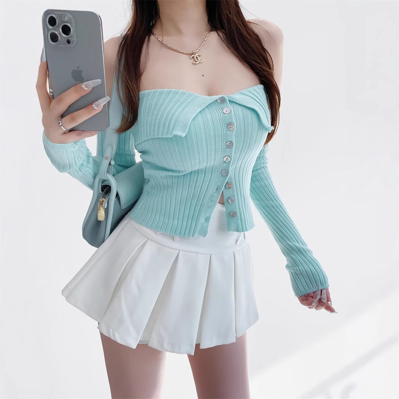 Pure Desire Spice Girl off-shoulder lapel button-breasted sweater women's 2024 sleeve detachable sexy slim-fit tube top