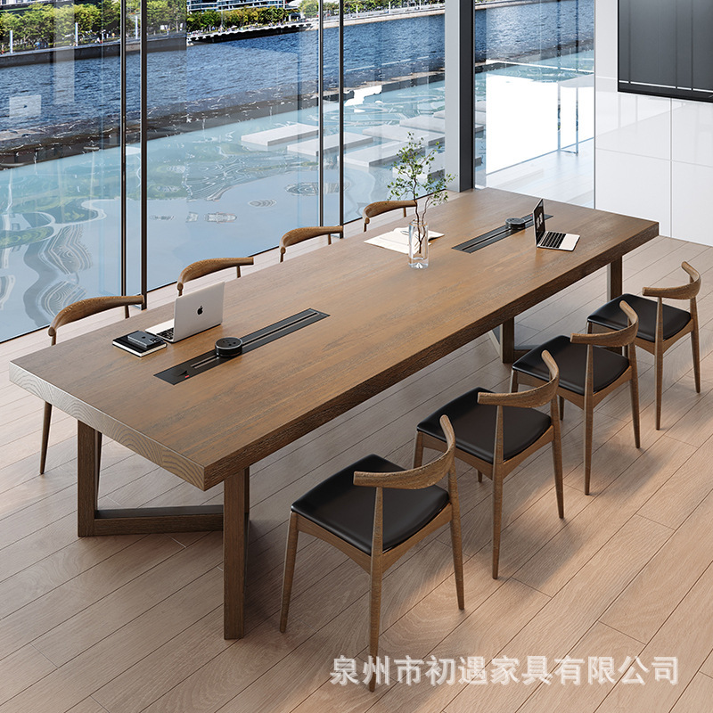 Audio-Technica Simple Modern Solid Wood Conference Table with Socket Reception Desk and Chair Combination Log Large Board Workbench