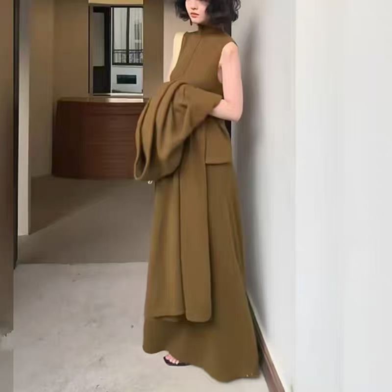 时尚气质高级感针织套装女秋冬新款半高领背心连衣裙+开衫两件套|undefined