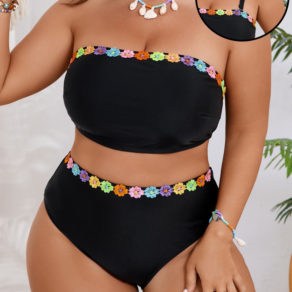 2026 New European and American Style Bikini Plus Size Swimsuit Solid Color Floral High Waist Sexy Detachable Shoulder Straps Women's Swimwear