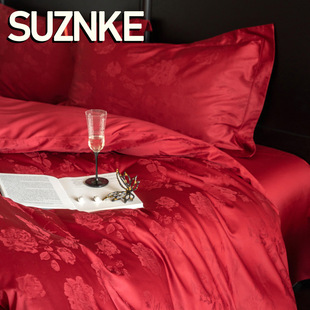 Shu Zunke | | Class A Wedding Cotton Cotton Four-Piece Set Red Long Quilt Cotton Quilt Cover Sheet Satin Jacquard Bed