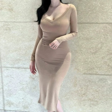 韩国春夏新款气质V领修身百搭显身材中长款开叉长袖打底连衣裙女