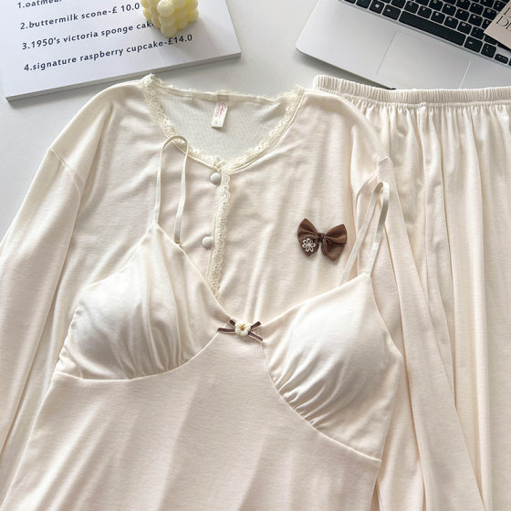 Pajamas Women's Spring and Autumn Modal Cotton Three-piece Set Long-sleeved Trousers Sling Chest Pad One-piece Sweet Girl's Home Clothes