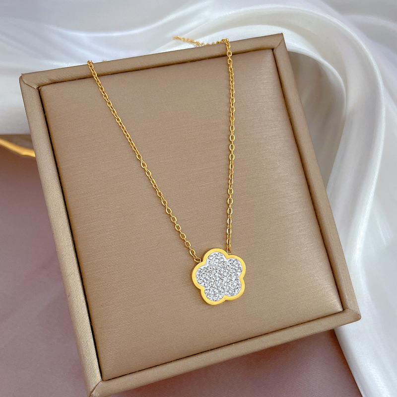Collier fleur en or véritable avec cristaux pour femme_voghion.com