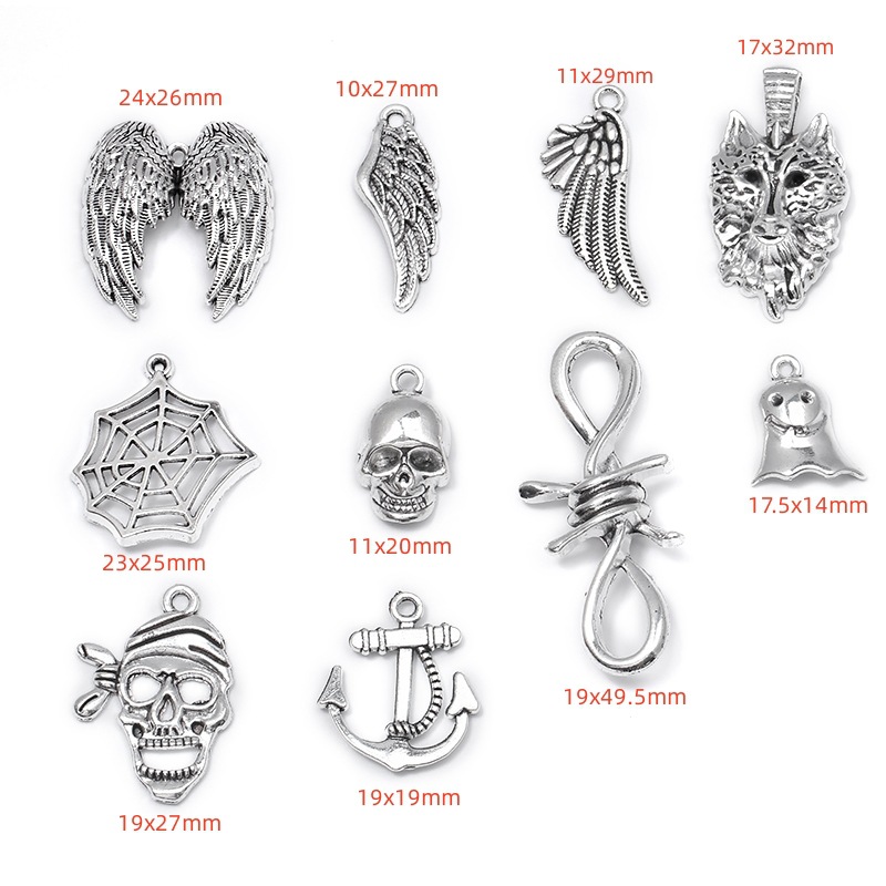Mixed 10 Antique Silver Alloy Halloween Series Simulated Wings, Skull, and Thorn Pendants for Amazon DIY Bracelets