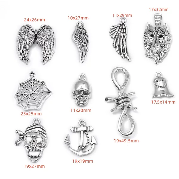 Mixed 10 Antique Silver Alloy Halloween Series Simulated Wings, Skull, and Thorn Pendants for Amazon DIY Bracelets