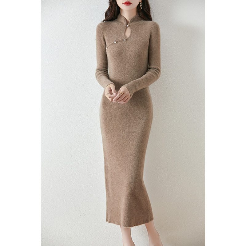 24秋冬新中式国风旗袍领100%纯羊毛连衣裙女修身气质打底针织裙