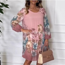 跨境女装连衣裙独立站新款秋冬印花长袖套头连衣裙女