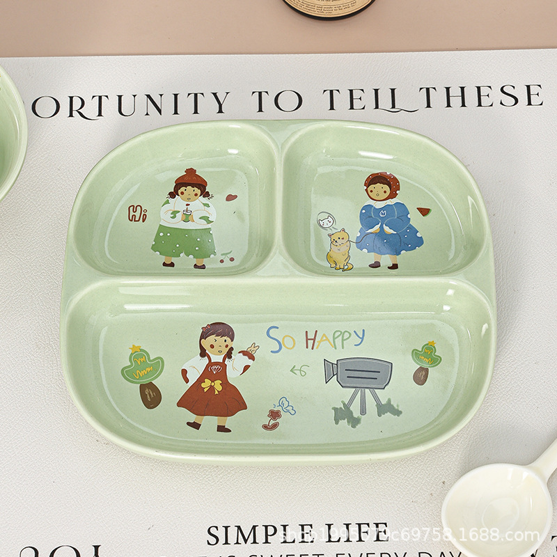 陶器製分割脂肪低減ディナープレート、一人用、家庭用朝食食器、子供用かわいい定量プレート、3分割ディナープレート|undefined