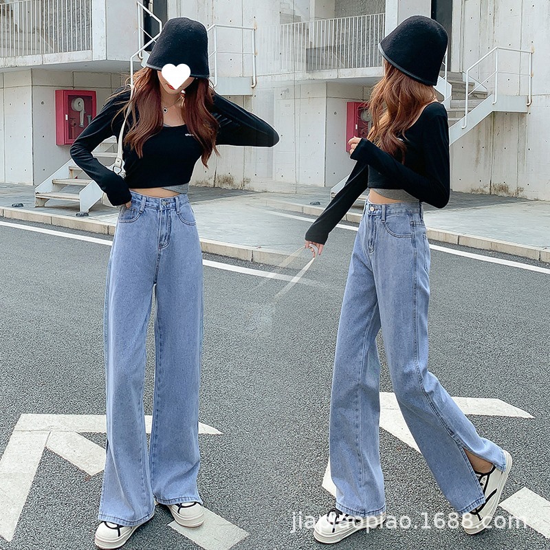 2022 summer blue Jeans Light colour ordinary Wide leg pants Split ends trousers washing Paige temperament commute