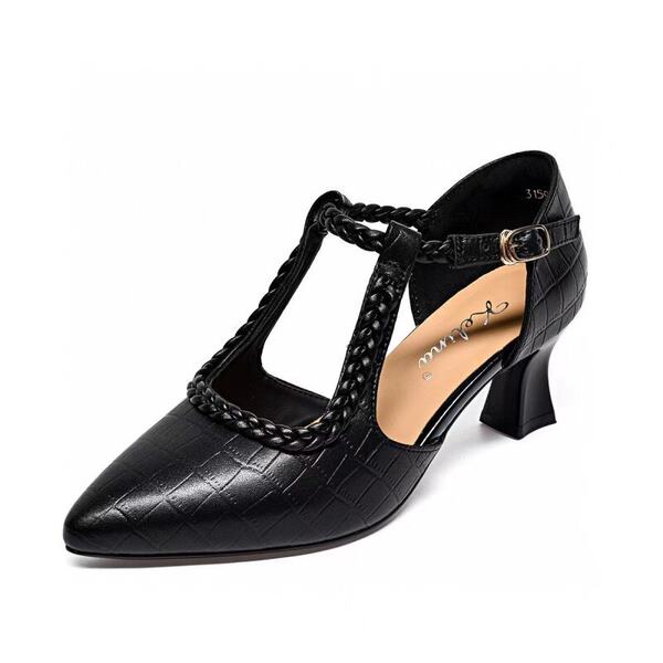 Giày sandal cao gót nữ mũi nhọn quai ngang da thật gót 5 cm — Màu đen - 5cm