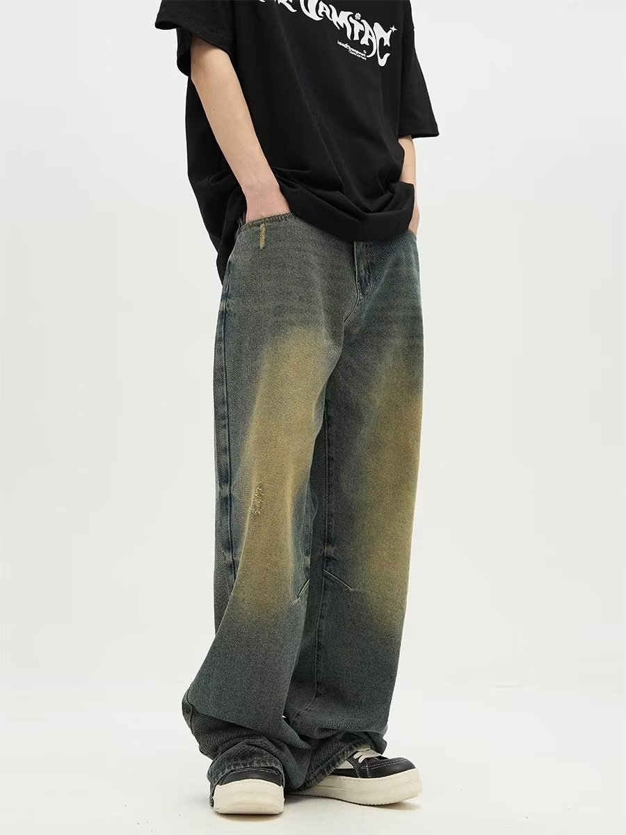 American Street retro wide-leg jeans marca de moda todo partido suelto recto fregona pantalones casuales hombres de moda
