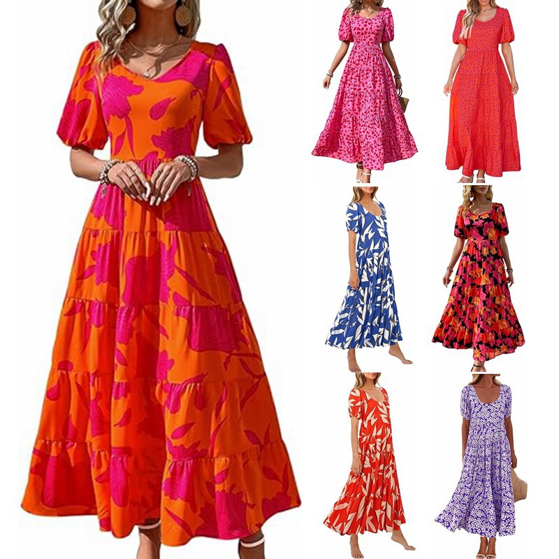 Women's dress 2024 Bubble Sleeve Floral Casual Summer dress Shucked Backless Beach Floating Long Dress