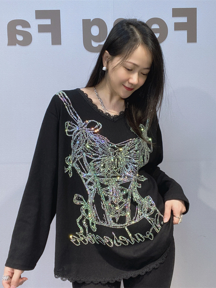 Europa y América transfronterizas ropa de mujer de cuello en V camisa de mangas largas mujeres primavera y otoño encaje empalme industria pesada taladro caliente gran camisa de base