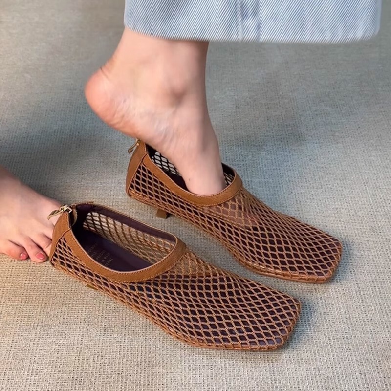 Unique Fishnet Hollow Breathable Square-Toe Slip-On Kitten Heel Sandals Woven High Heels (Tax Not Included)