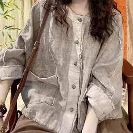 外贸原单棉麻上衣女亚麻长袖春夏新款复古做旧衬衫宽松大码外套女