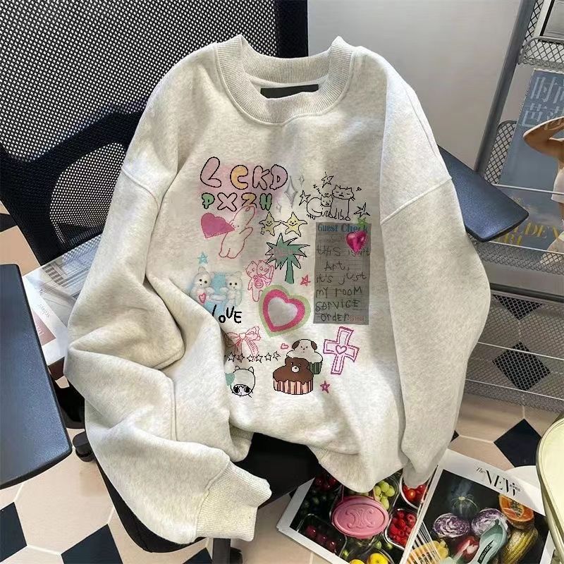 Korean Style Lazy Style Cartoon Printed Hooded Sweatshirt for Women in Autumn and Winter Fleece-Lined and Thickeneded Cute Age-Reducing Style Long-Sleeved Top