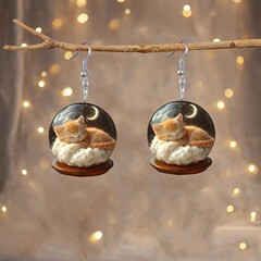 ボヘミアン アクリル キャット スノーボール ダングル イヤリング ファンタジー キャット アンダー ザ ムーンライト - ユニセックス イヤリング