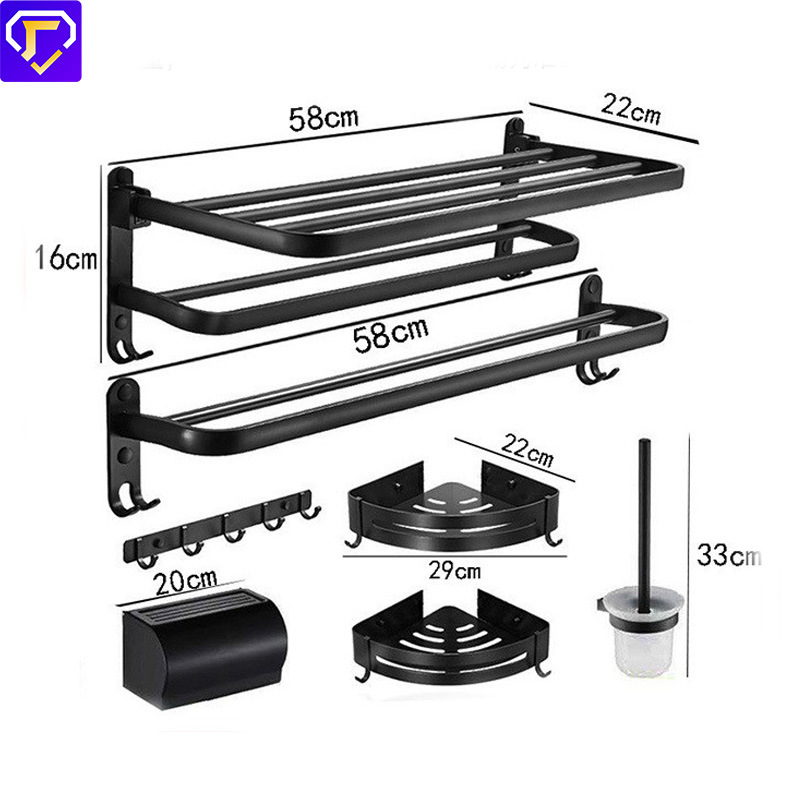 黑色太空铝浴室免打孔毛巾架五件套卫生间三角整理收纳置物架厂家