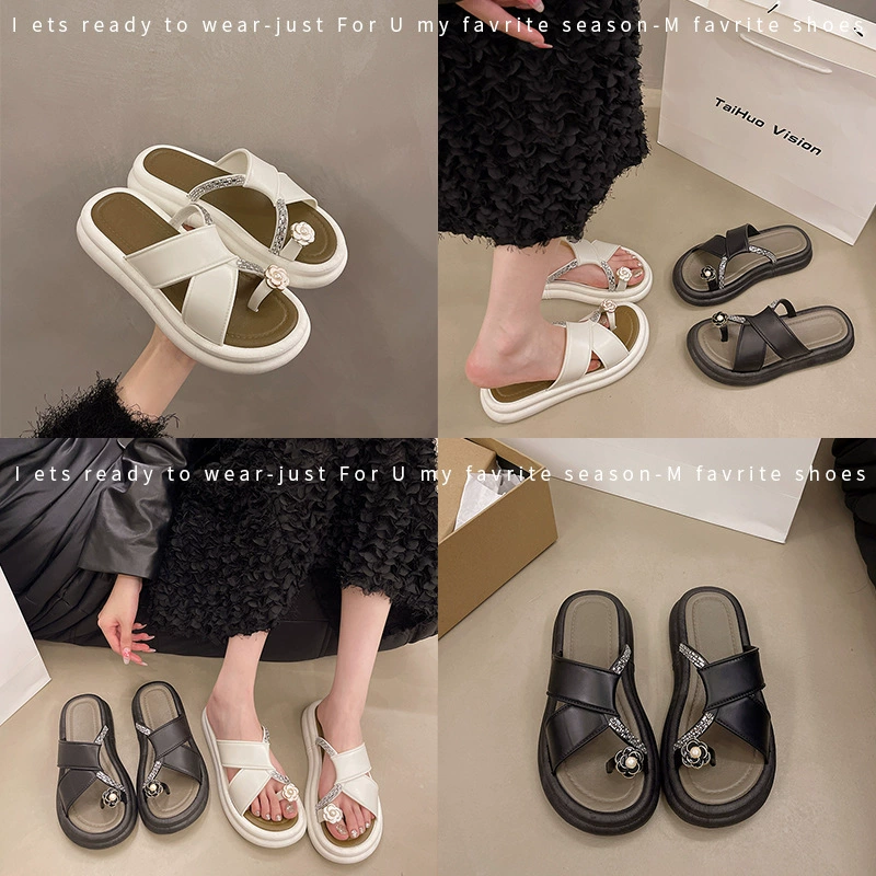 Летняя новая стеклянная бриллиантовая камелия дизайн женские тапочки носить модные дикие толстые подошвы-3.0CM сладкие красивые женские туфли