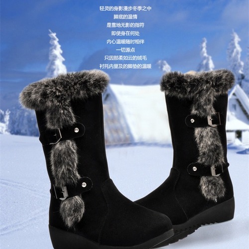 Autumn/Winter Snow Boots with Thick Sole, Rabbit Hair Cotton Lined, Women's Slope Heel, College Medium Calf Boots