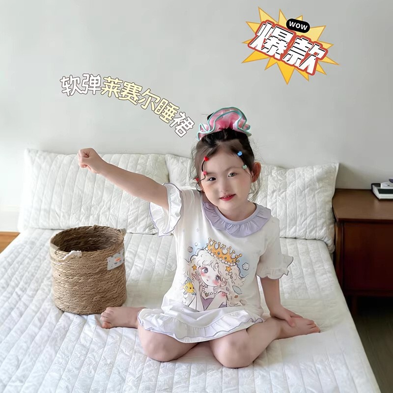 Anmeiya Girls' Summer Dress, Children's Pajamas, Lace Nightgown, Lyocell Tencel Ruffle Dress, Factory Wholesale Anmeiya Girls' Summer Dress, Children's Pajamas, Lace Nightgown, Lyocell Tencel Ruffle Dress, Factory Wholesale