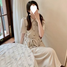 系带衬衫A字裙子复古气质短袖连衣裙2024夏季韩版感清冷长裙
