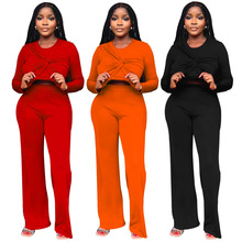 9989 跨境欧美亚马逊长袖短上衣松紧腰直筒长裤春秋休闲两件套