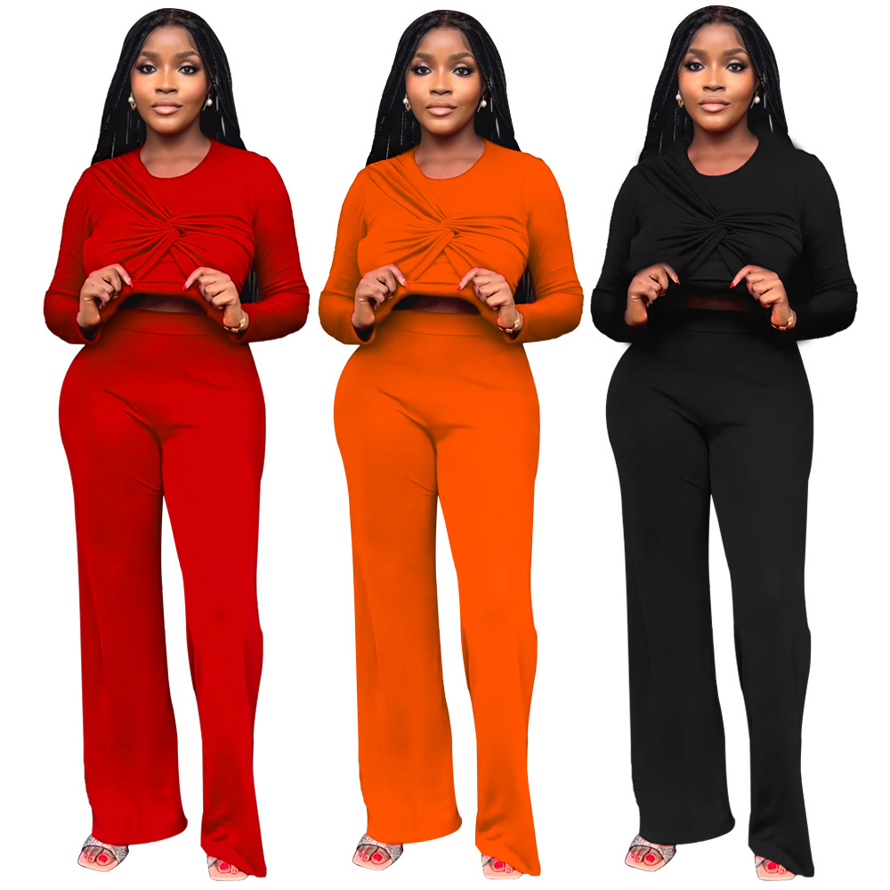 9989 跨境欧美亚马逊长袖短上衣松紧腰直筒长裤春秋休闲两件套