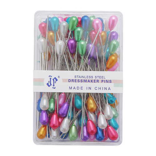 Manufacturer of 100 pieces of colorful plastic boxed pear-shaped beaded needles for clothing vertical cutting pearlescent needles sewing positioning pins