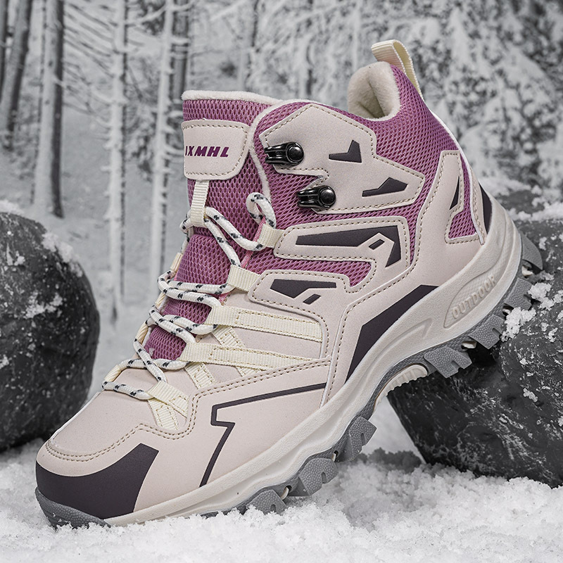 Autumn and Winter Thickened Cotton Hiking Shoes for Women, Couple's Mid-Top Climbing Shoes for Hiking, Cross-Country Trekking, Travel, and Sports, Winter Thickened and Warm