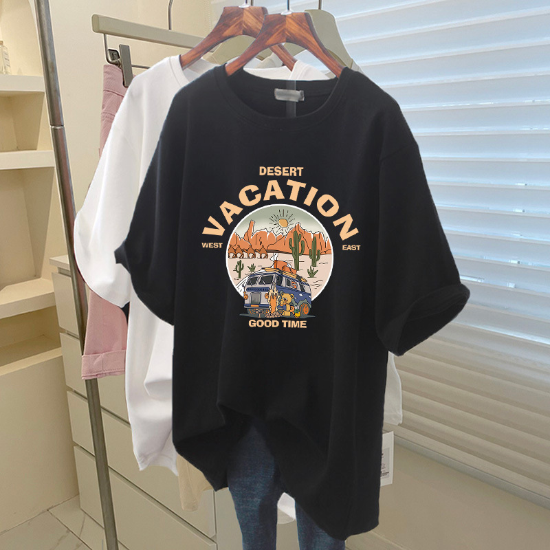 サメパンツ付き純綿半袖Tシャツレディースミドル丈ゆったりカジュアル大きいサイズトップスピンクボトムシャツ夏|undefined