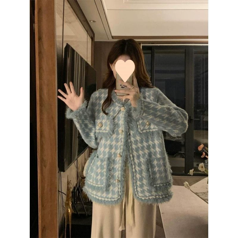 Вязаный зимний кардиган, жакет, большие размеры, в стиле Chanel, яркий заметный дизайн