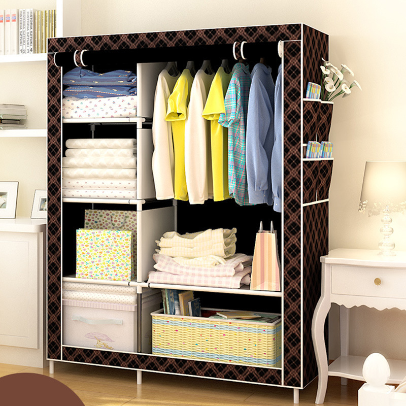 Simple armario de almacenamiento armario a prueba de polvo plegable armario dormitorio marco de acero combinación de refuerzo simple estudiante dormitorio armario