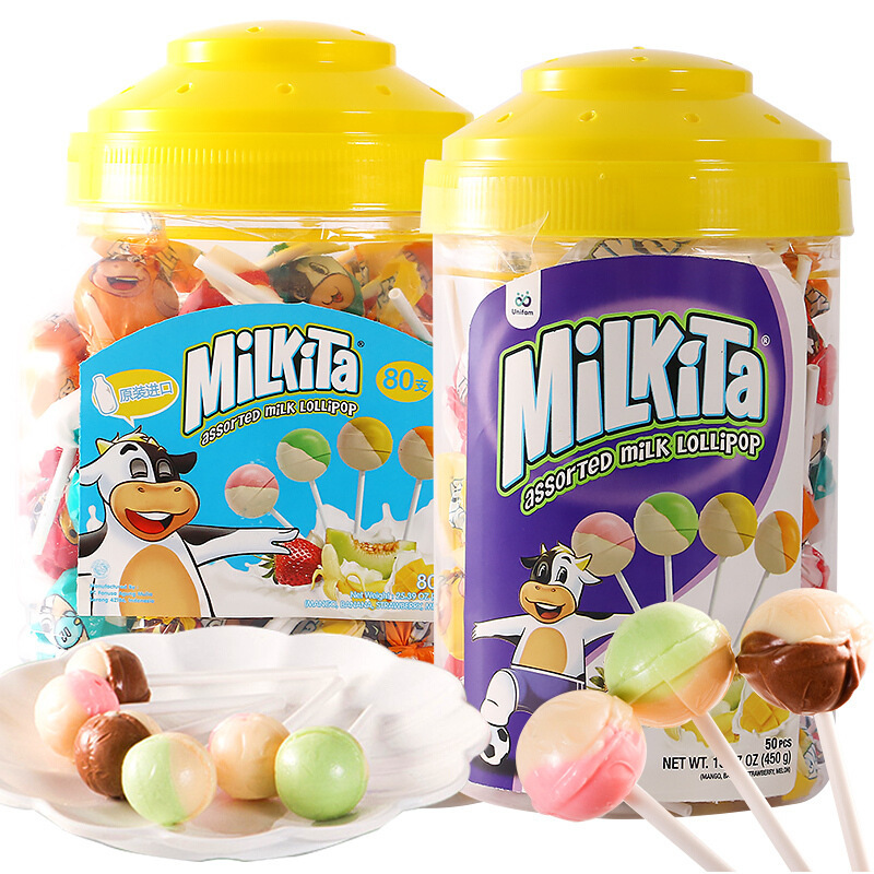印尼进口Milkita优你康牛奶双味棒棒糖720g桶装多味儿童零食糖果